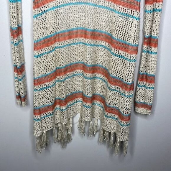 Red Camel Sz M Beige Orange Blue Stripe Southwestern Lightweight Fringe Cardigan - Picture 8 of 8